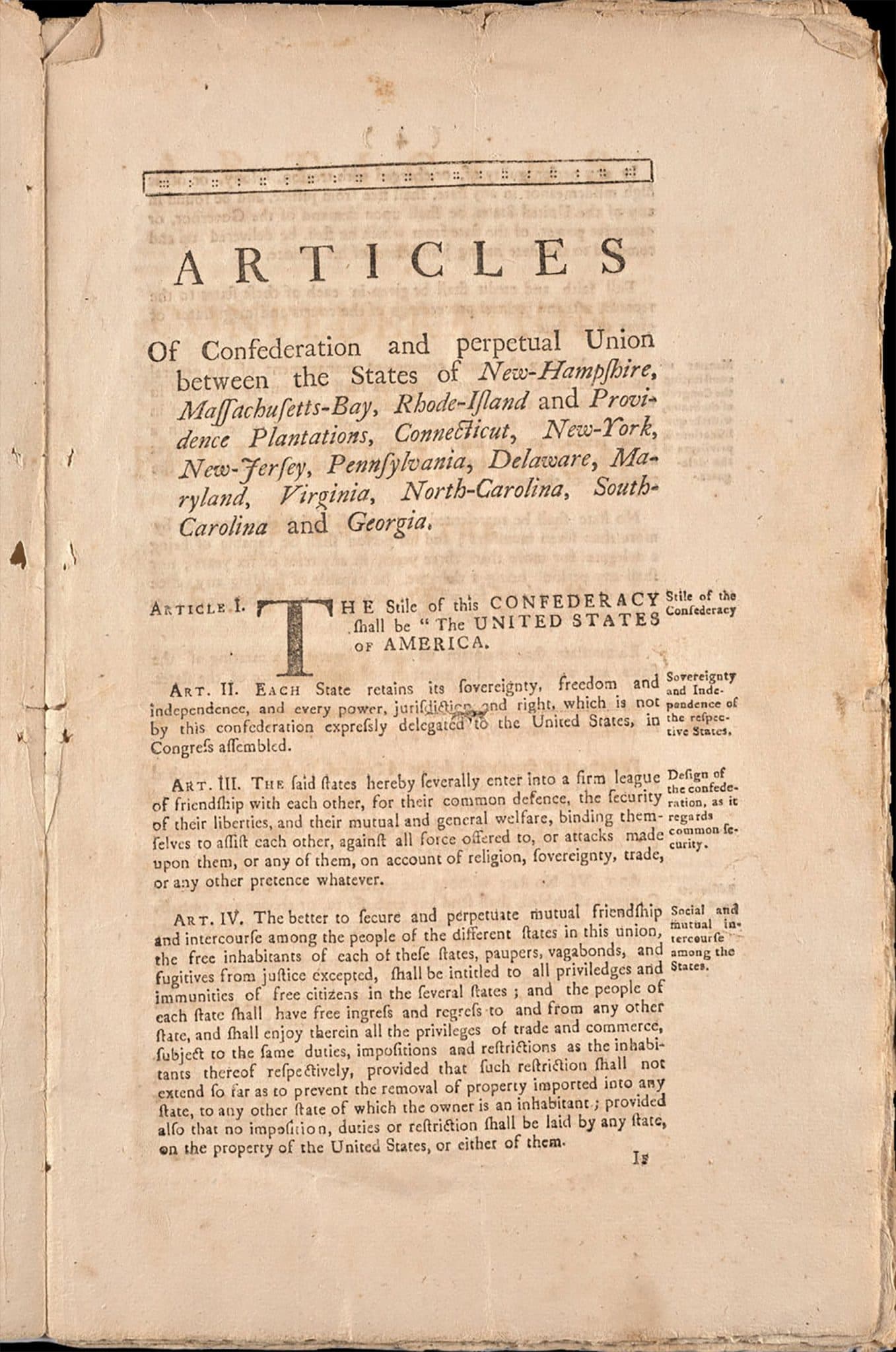 Articles of Confederation and Perpetual Union 1777 Colonists